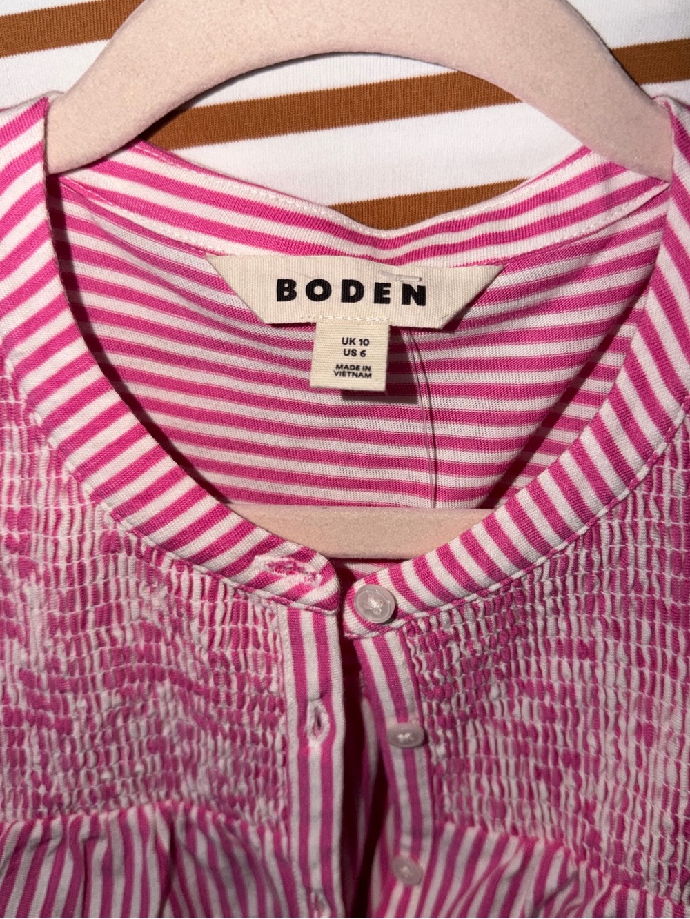 Boden Mya Smocked Jersey Shirt
Clover Purple and Ivory Stripe - Picture 7 of 7